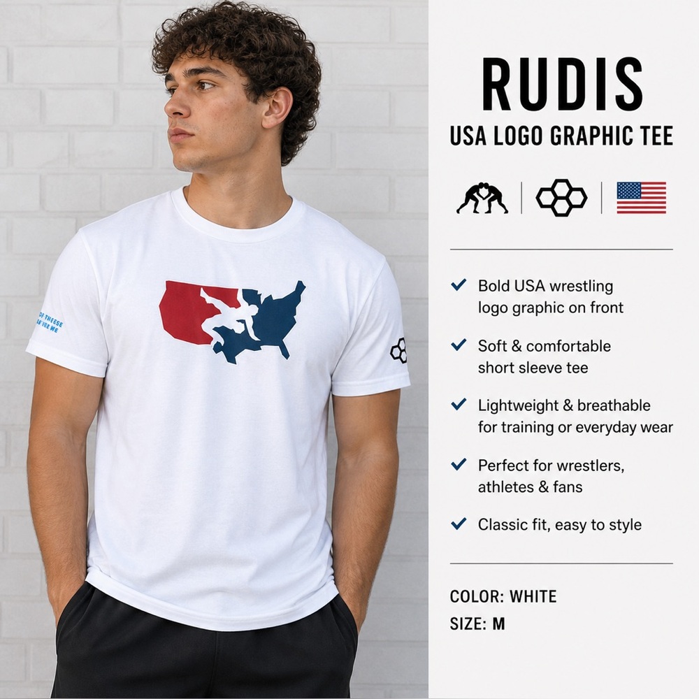 White Short-Sleeve Graphic Tee with Red & Blue wrestling map Rudis Way of life